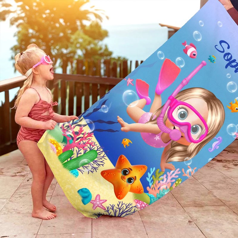 Personalized Cute 3D Diving Kid Sea Animal Quick Dry Soft Oversized Beach Towel with Name Summer Vacation Beach Party Birthday Gift for Boys Girls