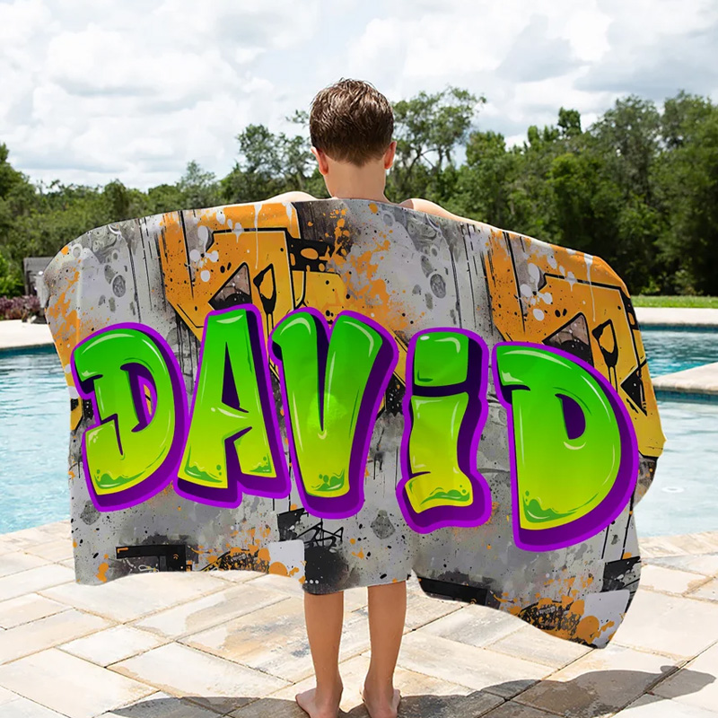 Personalized Stylish Graffiti Oversized Quick Dry Beach Towel with Name Beach Party Travel Essentials Birthday Gift for Kids Family