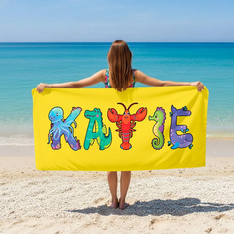 Personalized Name Beach Towel Custom Colorful Letters Pink Background Summer Pool Gift for Kids and Adults