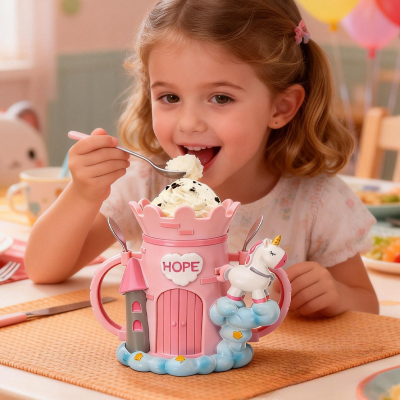 Cartoon Unicorn Castle Ice Cream Pint Holder 3D Printed with 2 Spoon Slots Cozy Birthday Gifts for Kids
