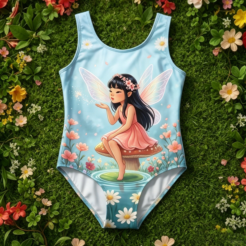 Personalized Fairy Princess Garden Wings Name Print Kids Magical Flower Meadow Summer Beach Children's Swimsuit