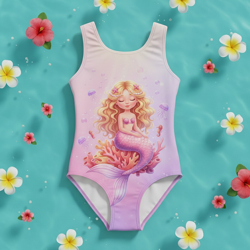 Personalized Mermaid Princess Ocean Coral Name Print Kids Pink Underwater Fantasy Beach Children's Swimsuit