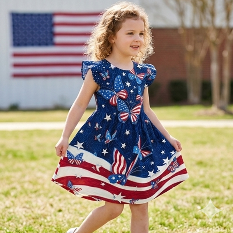 Personalized Patriotic Stars And Stripes USA Flag Print Girls Fourth Of July Red White Blue America 250th Anniversary Coquette Ruffle Dress