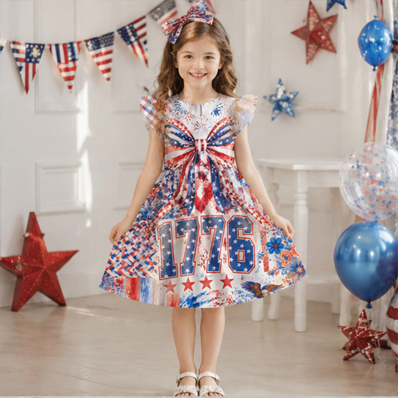 Personalized USA Stars Stripes Fireworks Independence Day Red White Blue Girls Fourth Of July America 250th Anniversary Coquette Ruffle Dress