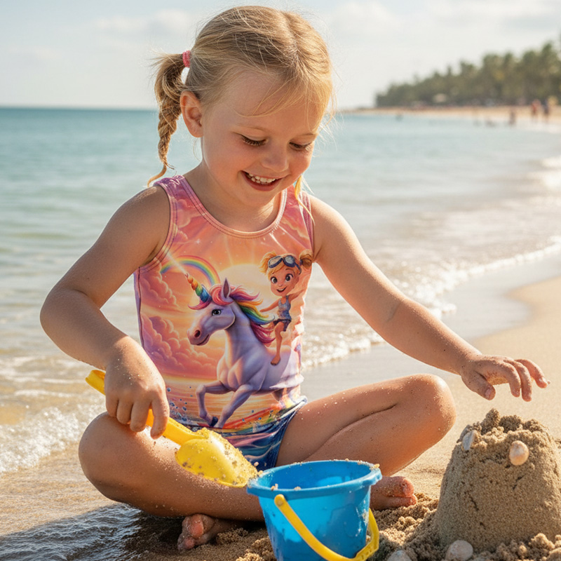 Personalized Rainbow Horse Seashells And Starfish Beach Fantasy Print For Girls Summer Vacation Children's Swimsuit