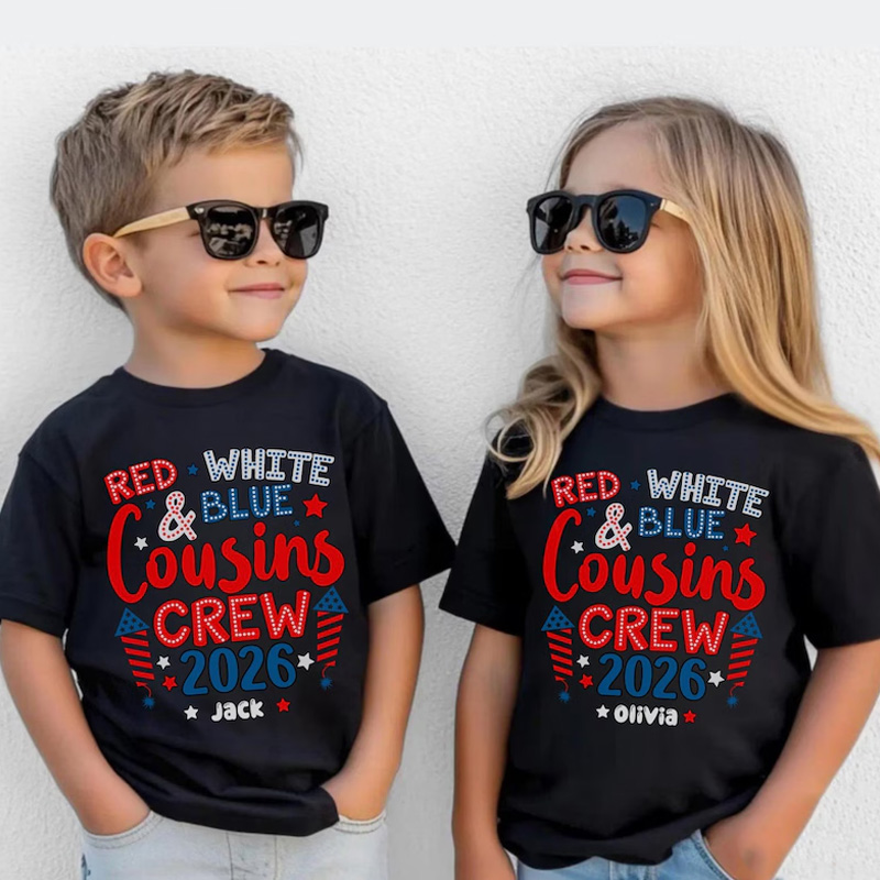 Personalized Red White And Blue Cousins Crew Fourth Of July Matching Patriotic Fireworks Graphic Kids Shirt