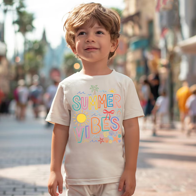 Personalized Colorful Summer Vibes Sunshine Flowers Rainbow Beach Holiday Vacation Playful Typography Graphic Kids Shirt