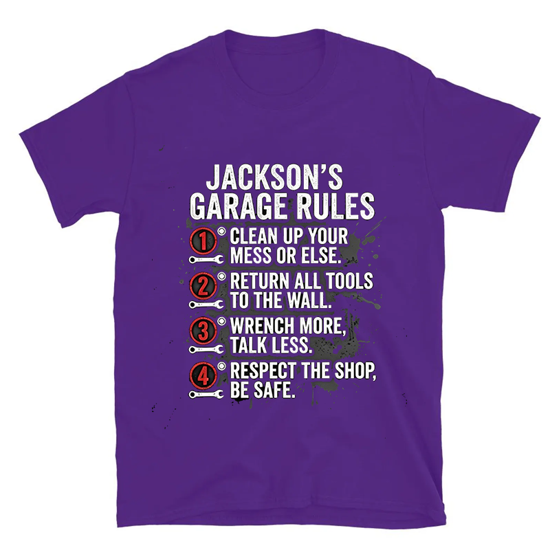 Personalized Garage Rules T-Shirt Custom Workshop Name Tee, Mechanic Garage Owner Gift for Car Lovers