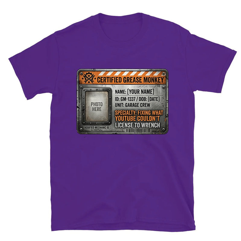 Personalized Certified Grease Monkey Mechanic Tee, Funny Garage Gift for Car Guys Dad