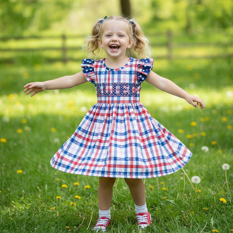 Personalized Patriotic Red White And Blue Check Plaid Fourth Of July Summer Picnic Toddler Girl Outfit Coquette Ruffle Dress