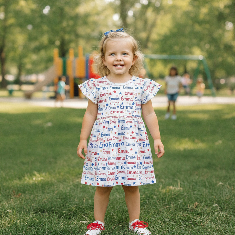 Personalized Red White And Blue Name Repeat Land Of The Free Stars Fourth Of July Patriotic Summer Coquette Ruffle Dress