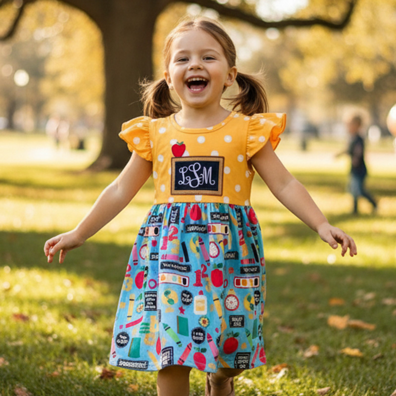 Personalized Back To School Crayon Pencil Alphabet Chalkboard Yellow Polka Dot Colorful Classroom Print Coquette Ruffle Dress