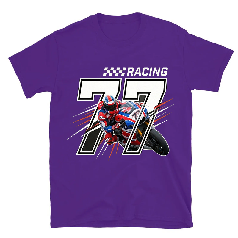 Personalized Number 77 Racing Motorcycle Rider Checkered Flag Graphic Unisex Black Cotton T-Shirt