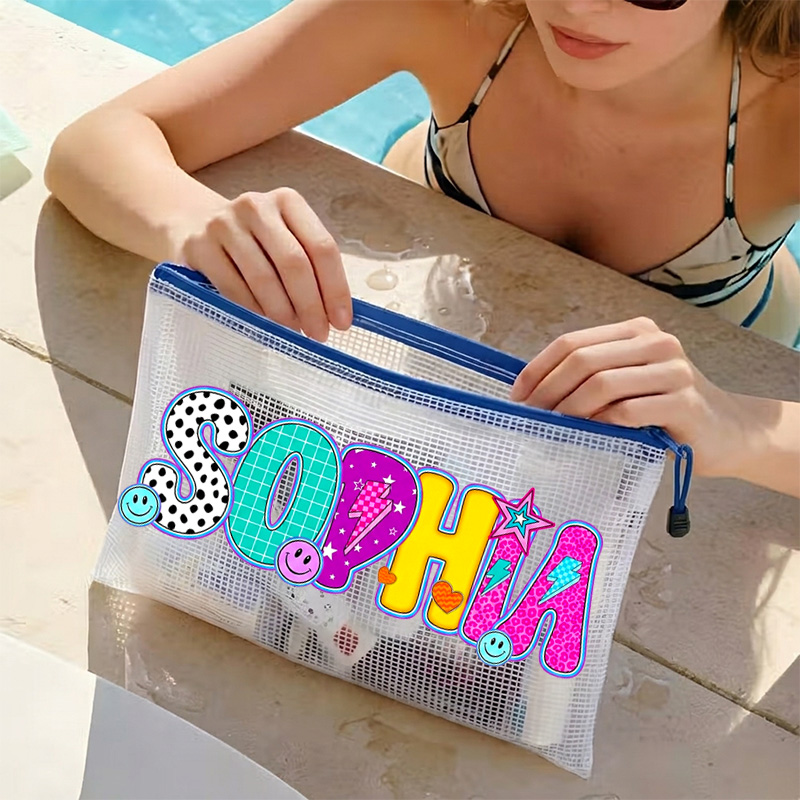 Personalized Colorful Polka Dot Bubble Letters Name Pool Day Vacation Cute Summer Travel Essentials Waterproof Sandproof Beach Bag