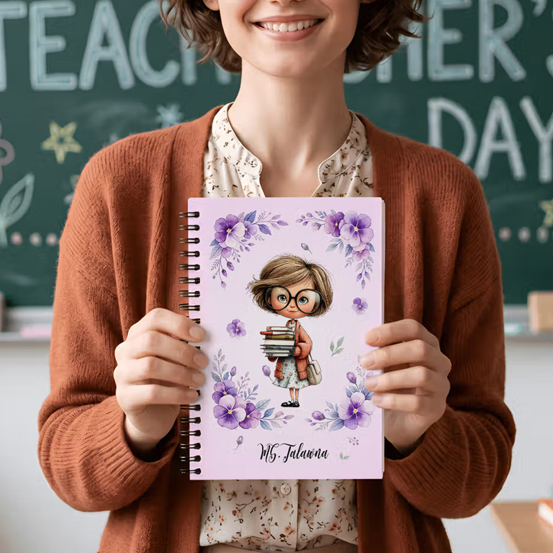 Personalized Birth Flower Cartoon Teacher Character Spiral Notebook with Text Daily Use Teacher's Day Birthday Gift for Teachers