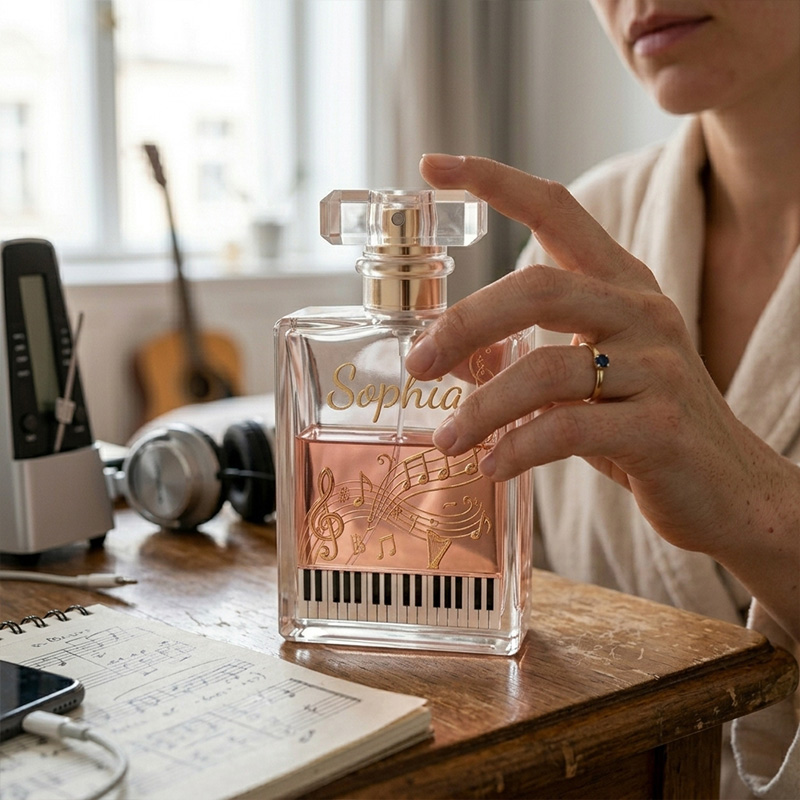 Personalized Classical Music Notes Piano Keys Rose Gold Elegant Script Name Orchestra Lover Gift Perfume Bottle