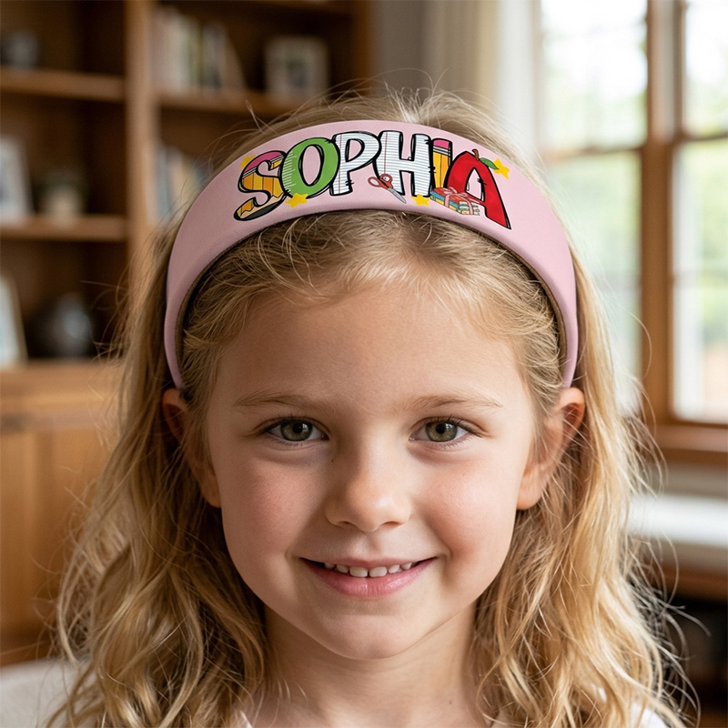 Personalized Colorful Name Kids Headband Back To School Classroom Themed Soft Stretch Girls Hair Accessory Design