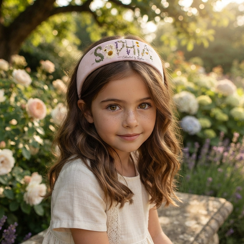 Personalized Floral Name Kids Headband Garden Fairy Themed Soft Pastel Girls Hair Accessory For Spring And Summer Design
