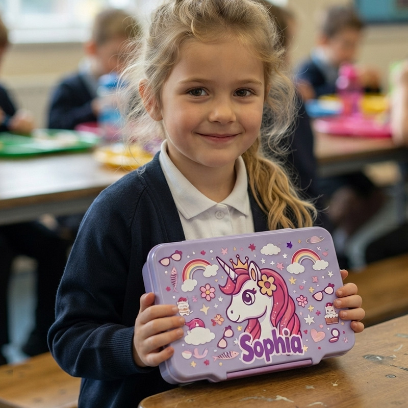 Personalized Rainbow Horse Name Kids Lunch Box Using a Spoon Fork and Sauce Container Magical Rainbow Themed Cute Girls School Snack Container Design