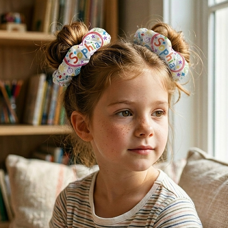 Personalized Back To School Name Print Colorful Doodle Hearts Stars Smiley Faces Cute Classroom Style Girl Hair Scrunchie