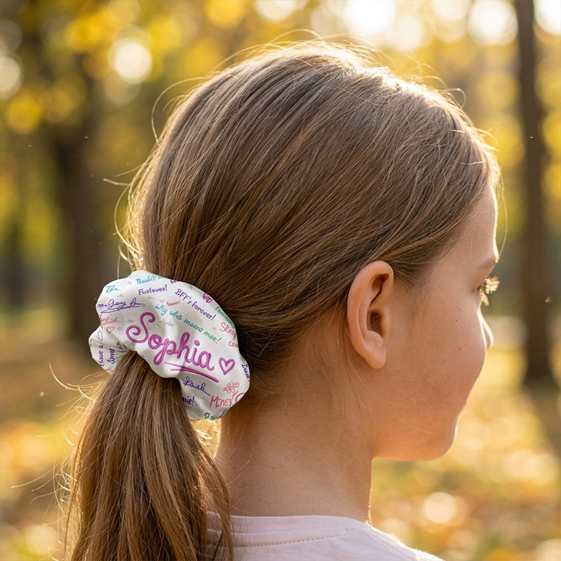 Personalized Name Autograph Pattern Best Friends Forever Messages Colorful Doodles Fun School Memories Girl Hair Scrunchie