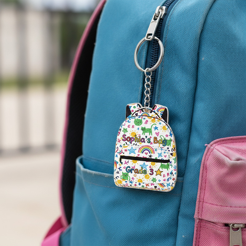 Personalized Back To School Doodle Icons Name Backpack Shape Colorful Stars Hearts Rainbows Kids Acrylic Keychain