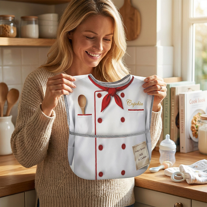 Personalized Little Chef Bib Name White Apron Printed Buttons Red Bow Wooden Spoon Cute Baby Boy Cooking Mealtime