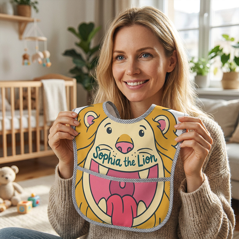 Personalized Lion Bib Name Roaring Hungry Cub Cute Jungle King Baby Boy Girl Mealtime Gift Adjustable Soft