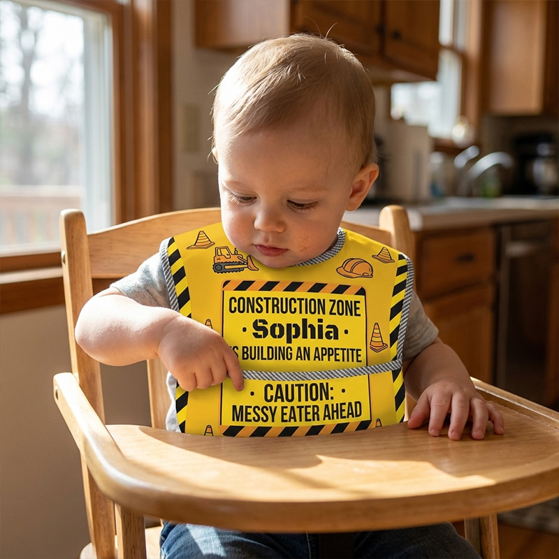Personalized Construction Zone Bib Name Caution Messy Eater Ahead Yellow Black Stripes Trucks Cones Baby Mealtime