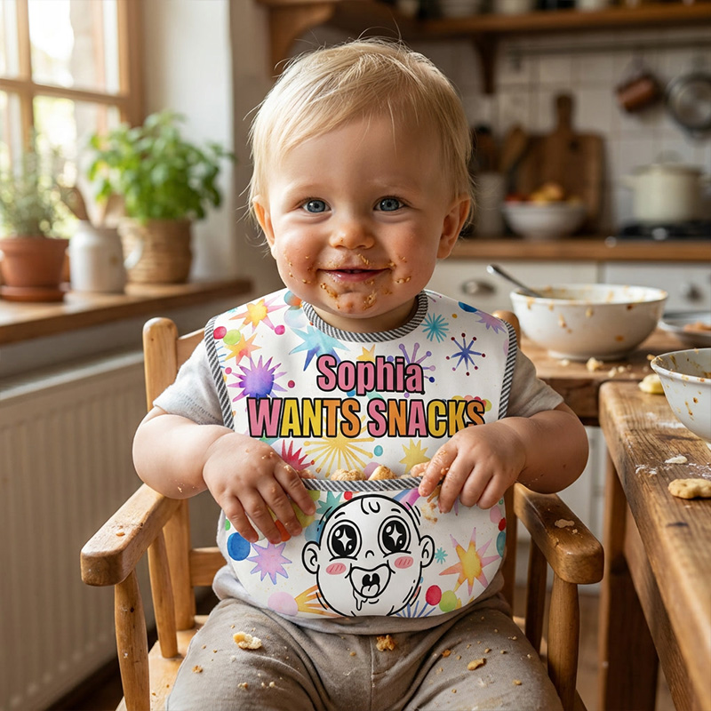 Personalized Wants Snacks Bib Name Cute Cartoon Baby Face Colorful Starburst Hungry Snack Lover Fun Mealtime