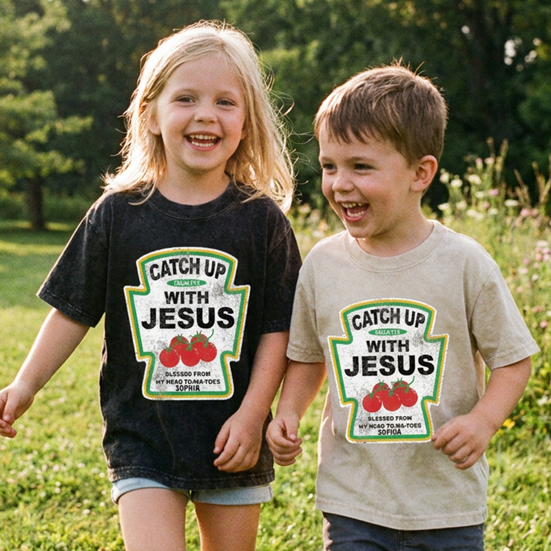 Personalized Catch Up With Jesus Scripture Tomato Blessed From My Head To Ma Toes Christian Faith Graphic Kid Washed T Shirt