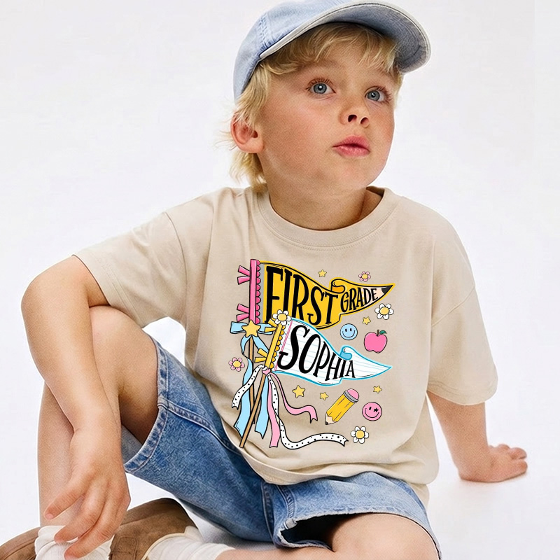 Personalized First Grade Pennant Name Back To School Cute Pastel Ribbons Stars Flowers Smiley Face Pencil Kid Washed T Shirt