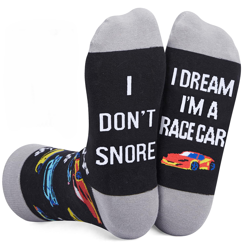 I Don't Snore I Dream I'm A Race Car Funny Novelty Crew Socks Colorful Race Car Pattern Socks Gift For Racing Fans Car Lovers