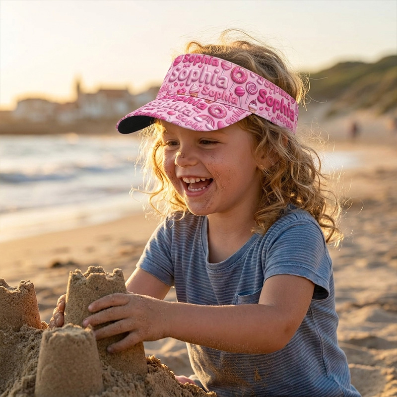 Personalized Pink Candy Visor Hat Custom Name Kids Sun Cap Beach Inspired Handwritten Letter Pattern Summer Outdoor Accessory