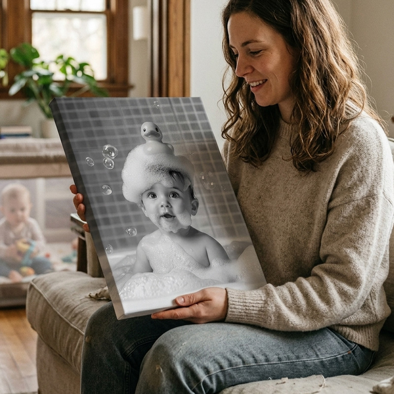 Personalized Baby Bath Time Canvas Art Themed Cute Bubble And Towel Moments Design Custom Photo Black And White Nursery Wall Decor