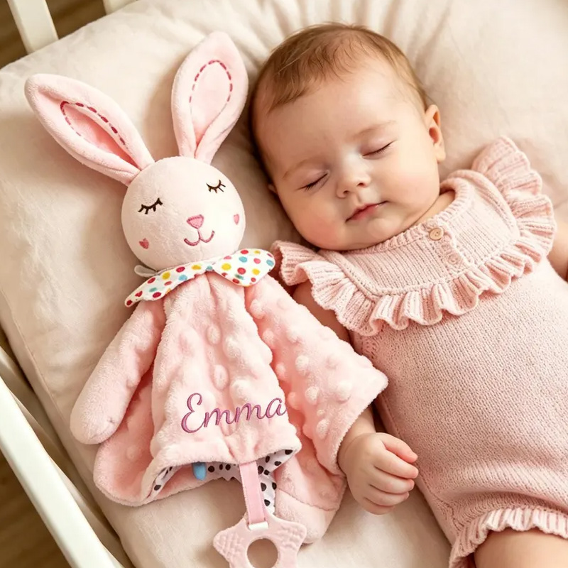 Personalized Embroidered Name Lovey Blanket Themed Cozy Sleep And Comfort Design Soft Pink Minky Dots Custom Name Baby Security Snuggle Toy Crinkle Sensory Security Toy