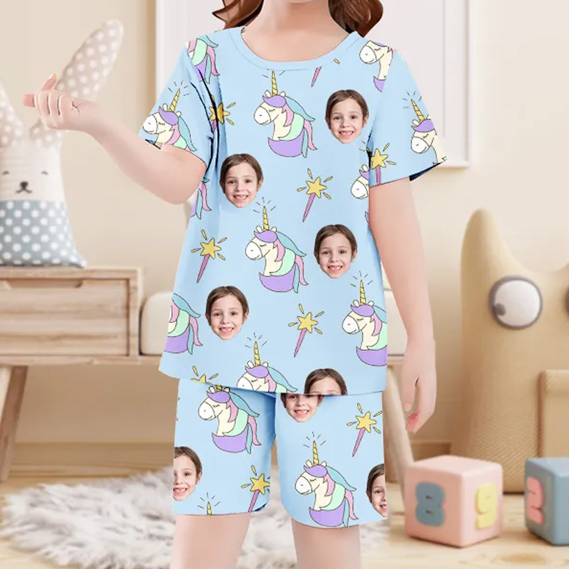 Personalized Face Rainbow Horse Pajamas Crew Neck Short Sleeve Short Pants Red Heart House wear Suit For Kids