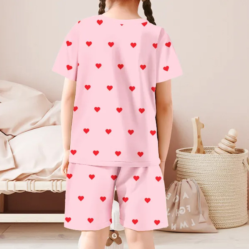 Personalized Face And Name Pajamas Crew Neck Short Sleeve Short Pants Red Heart House-wear Suit For Kids