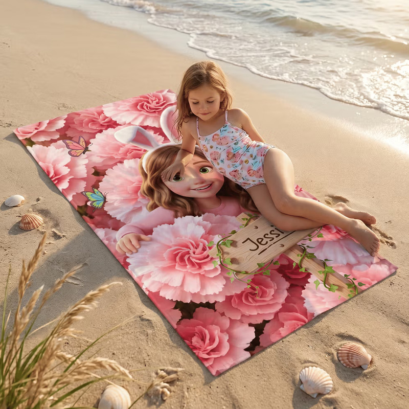 Personalized Birth Flower Cartoon Kid Photo Quick Dry Oversized Microfiber Beach Towel with Name Travel Essentials Beach Party Birthday Gift for Kids