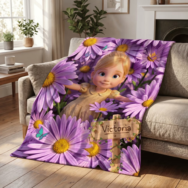 Personalized Birth Flower Cartoon Character Photo Soft Throw Blanket with Name Home Decor Birthday Gift for Kids