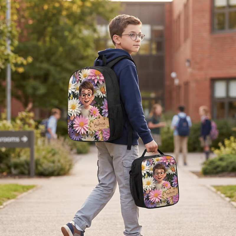 Personalized Birth Flower Photo Backpack Pencil Case Lunch Bag Set with Name Back To School Birthday Gift for Kids Boys Girls