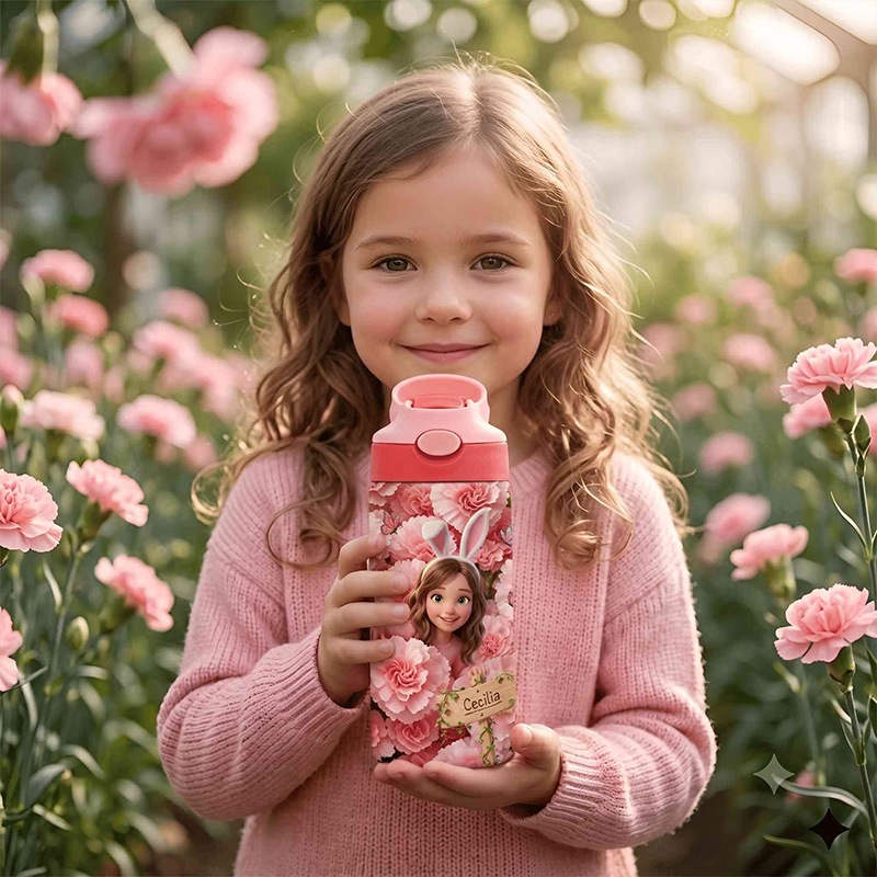 Personalized Birth Flower Water Bottle Themed Magical Garden Adventure Design Custom Kids Photo Leakproof Travel Cup