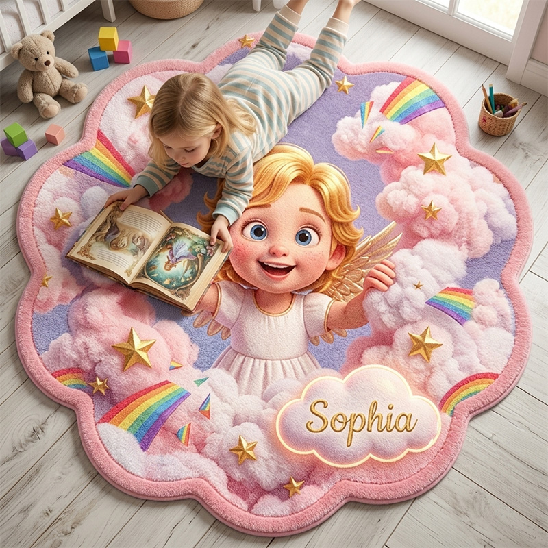 Personalized Angel Rainbow Kids Rug Themed Dreamy Cloud Fantasy Bedroo