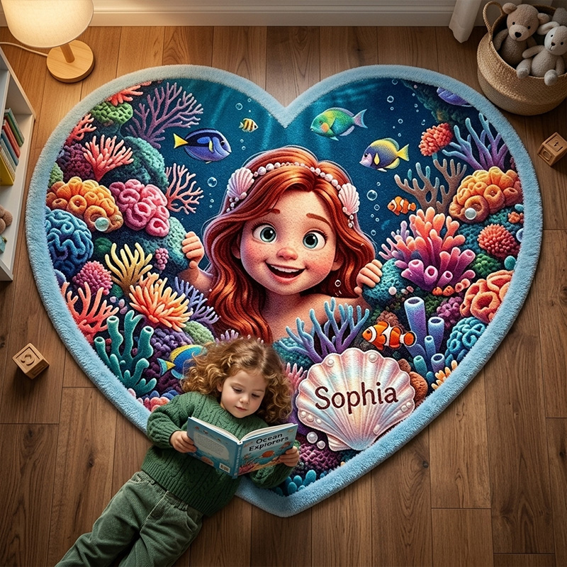 Personalized Ocean Mermaid Kids Rug Themed Underwater Coral Reef Adventure Bedroom Decor Design Soft Custom Name and Baby Photo Heart Shaped Play Mat