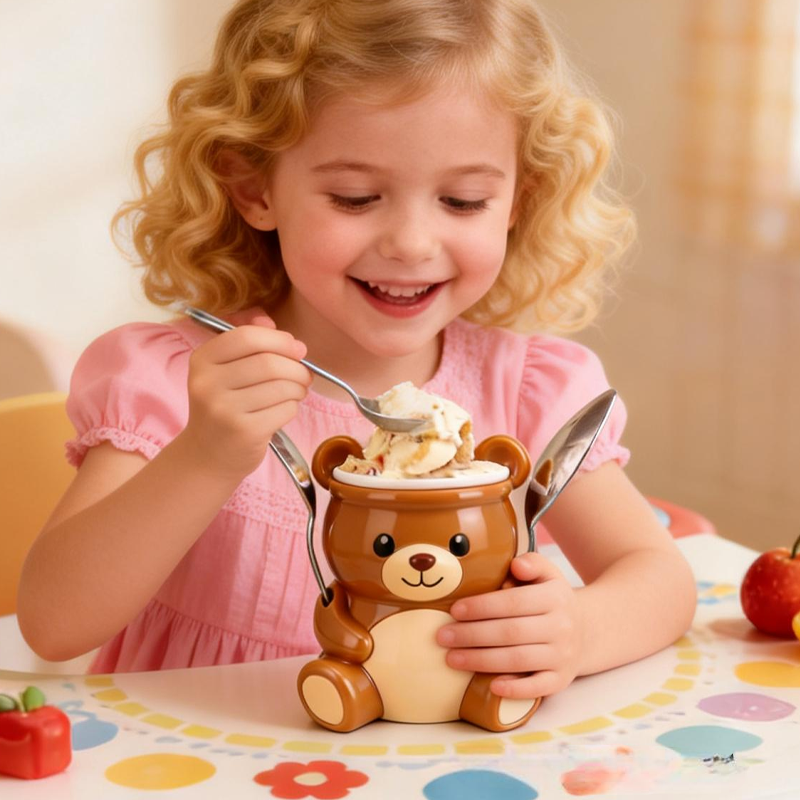 Cute Brown Bear Ice Cream Pint Holder 3D Printed with 2 Spoon Slots Cozy Birthday Gifts for Kids