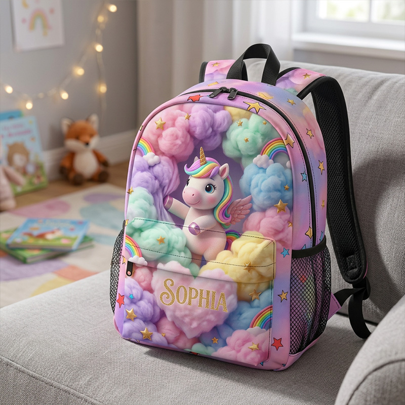 Personalized Rainbow Horse Kids Backpack Themed Magical Fantasy School Bag Design Custom Name and Kid Photo Cloud Pattern Travel Daypack