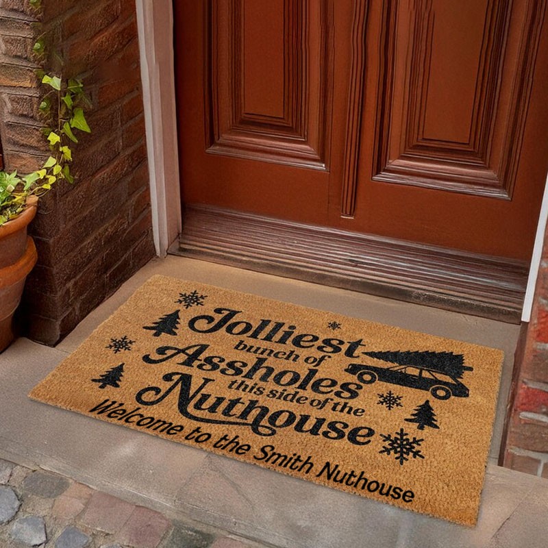 Personalized Humorous Holiday Welcome Mat with Festive Text and Playful Imagery Perfect for Any House Doormat Coir Mat Entryway Decor