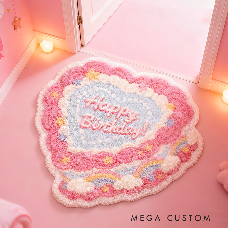 Personalized Heart Cake Custom Name Soft Decorative Gift Sweet Birthday Style Cozy Bedroom Pink Cream Lovely Pastel Colorful Cute Celebration Graphic Carpet Rug for Kids