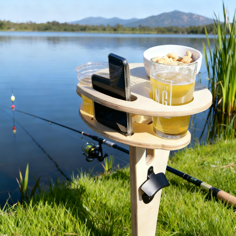 Personalized Fishing Wine and Beer Storage Engraved Wooden Design Custom Name Portable Outdoor Table with Cup Holders for Fishing and Camping