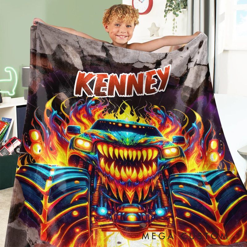 Personalized Monster Neon Truck Soft Throw Blanket with Name Home Decor Birthday Gift for Boys Truck Lovers